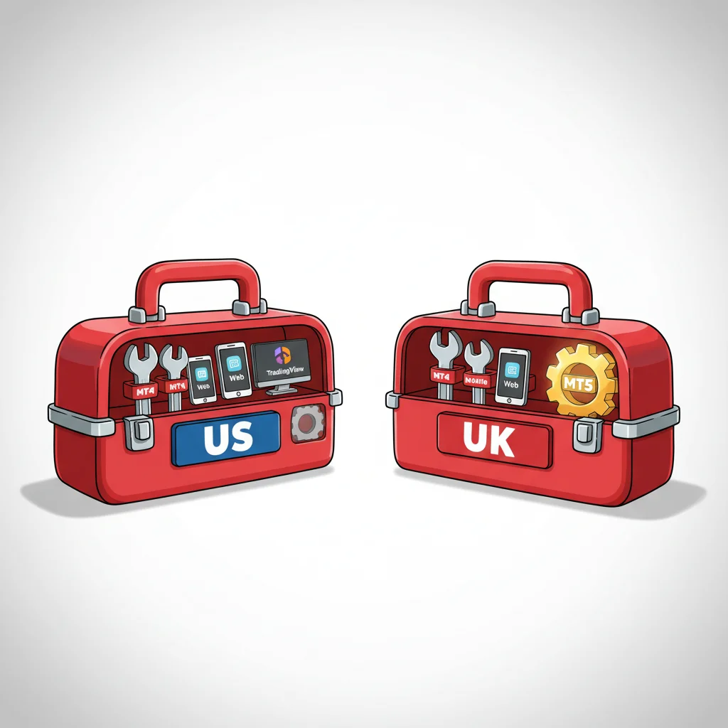 Two red toolboxes, labeled 'US' and 'UK', display different trading platforms and tools.