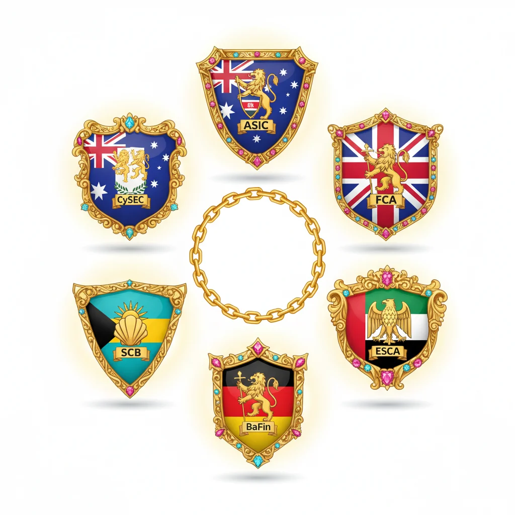 Six ornate shields with national flags and regulatory acronyms surround a golden chain circle.