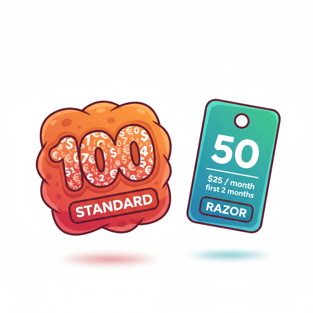 Two stylized price tags, one orange with "100 STANDARD" and currency symbols, one teal with "50" and "RAZOR" pricing.