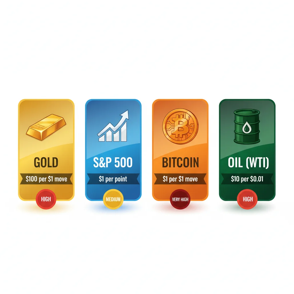 Valeurs des pips pour l'or, le S&P 500, le Bitcoin et le pétrole — chacun avec des tailles de contrat et des niveaux de danger différents