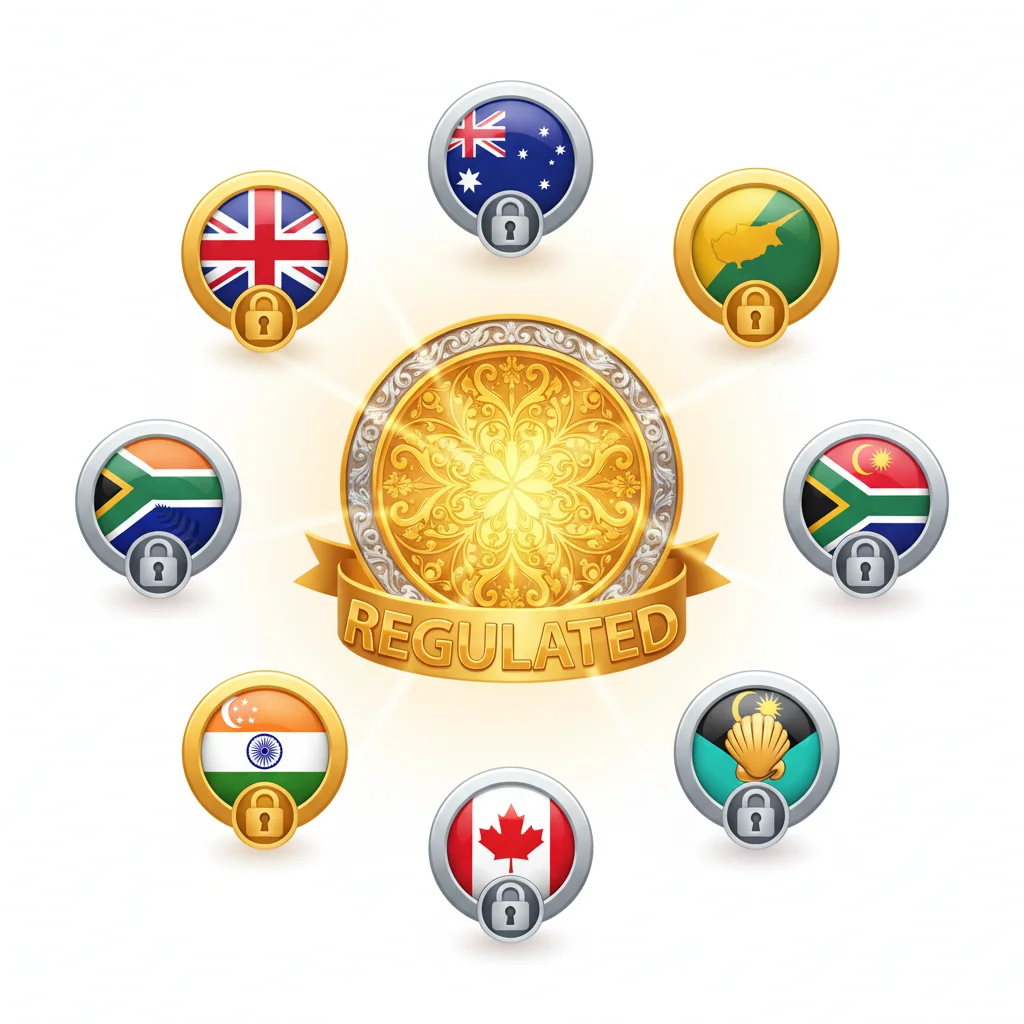 A central "REGULATED" gold medal surrounded by country flags with padlocks, symbolizing financial regulation.