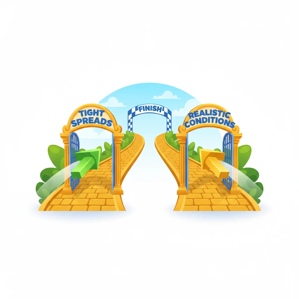 Two paths, labeled "Tight Spreads" and "Realistic Conditions," lead to a "Finish" line.