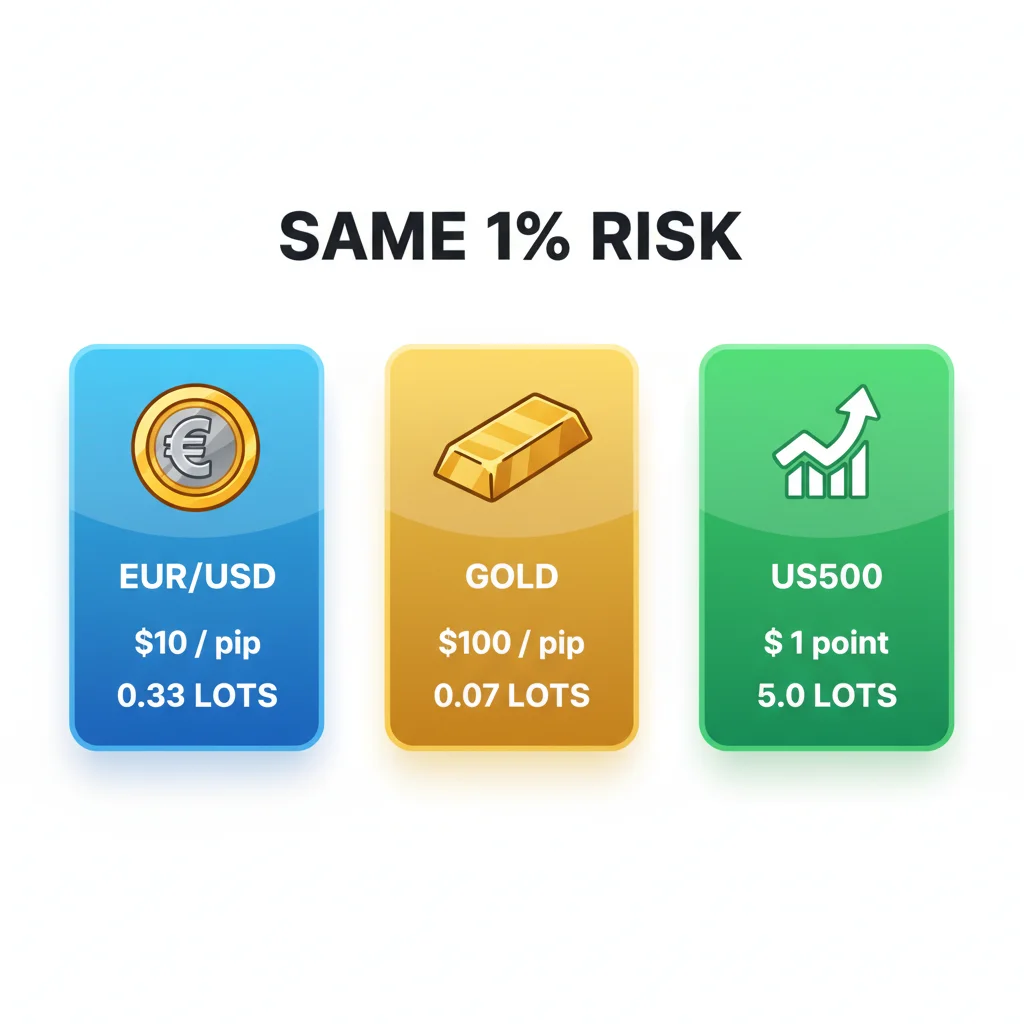 Risiko 1% yang sama pada akaun $10K menghasilkan 0.33 lot EUR/USD, 0.067 lot emas, 5.0 lot US500
