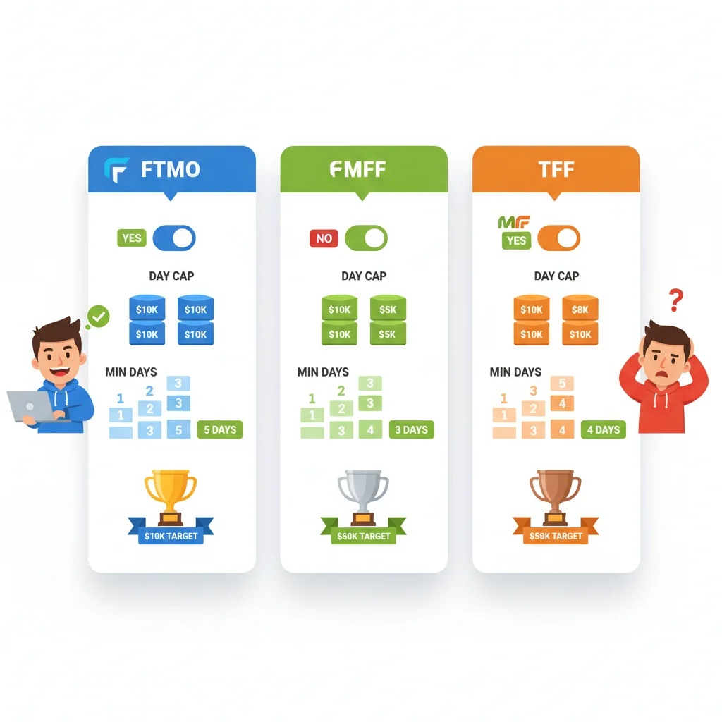 Three prop firm cards comparing consistency rules, daily caps, minimum trading days, and profit targets side-by-side.