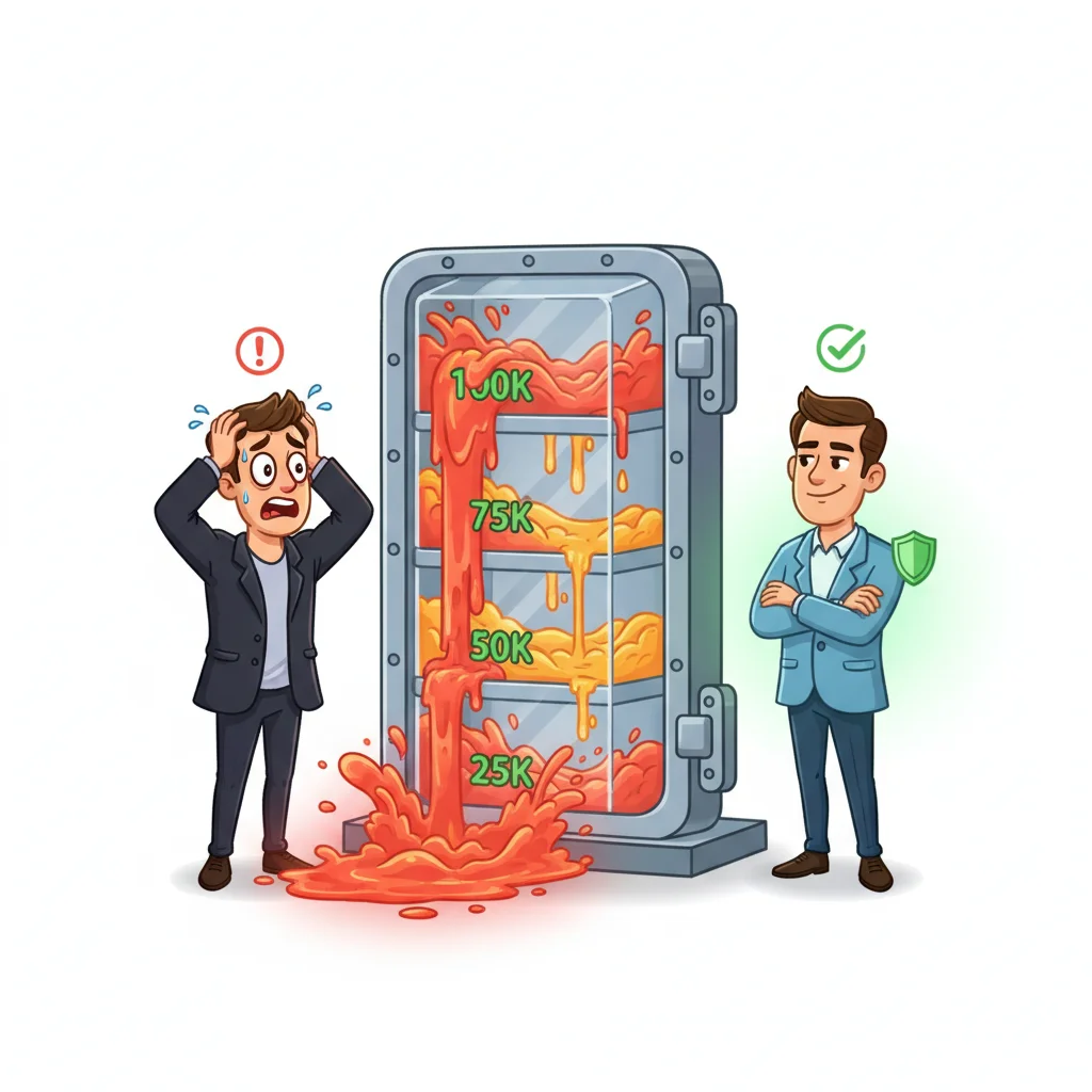 Cartoon traders: left panicked as red liquid floods vault chambers, right calm as green liquid flows steadily controlled into same vault structure.