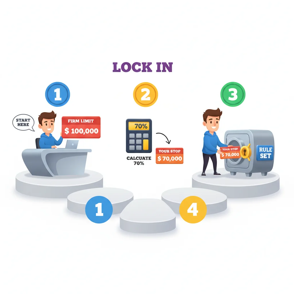3-step infographic showing trader establishing daily loss limit by reducing firm maximum by 30%