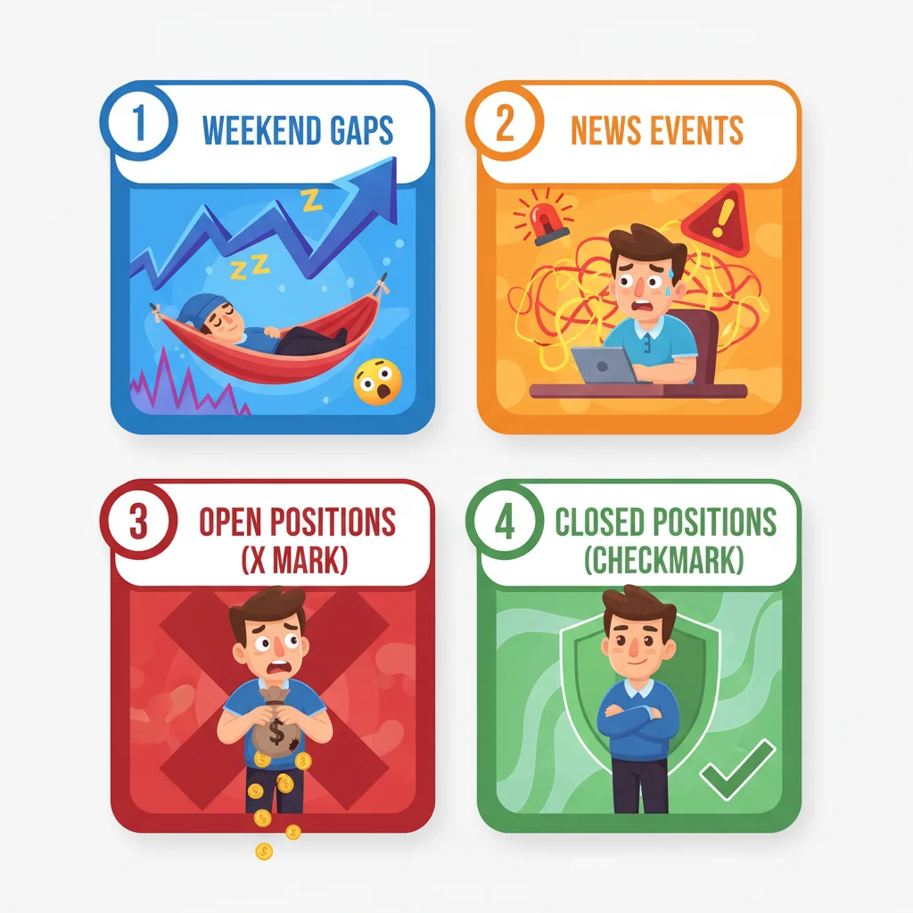 Cartoon infographic showing four trading risk scenarios: weekend gaps, news events, open positions (danger), and closed positions (safe).