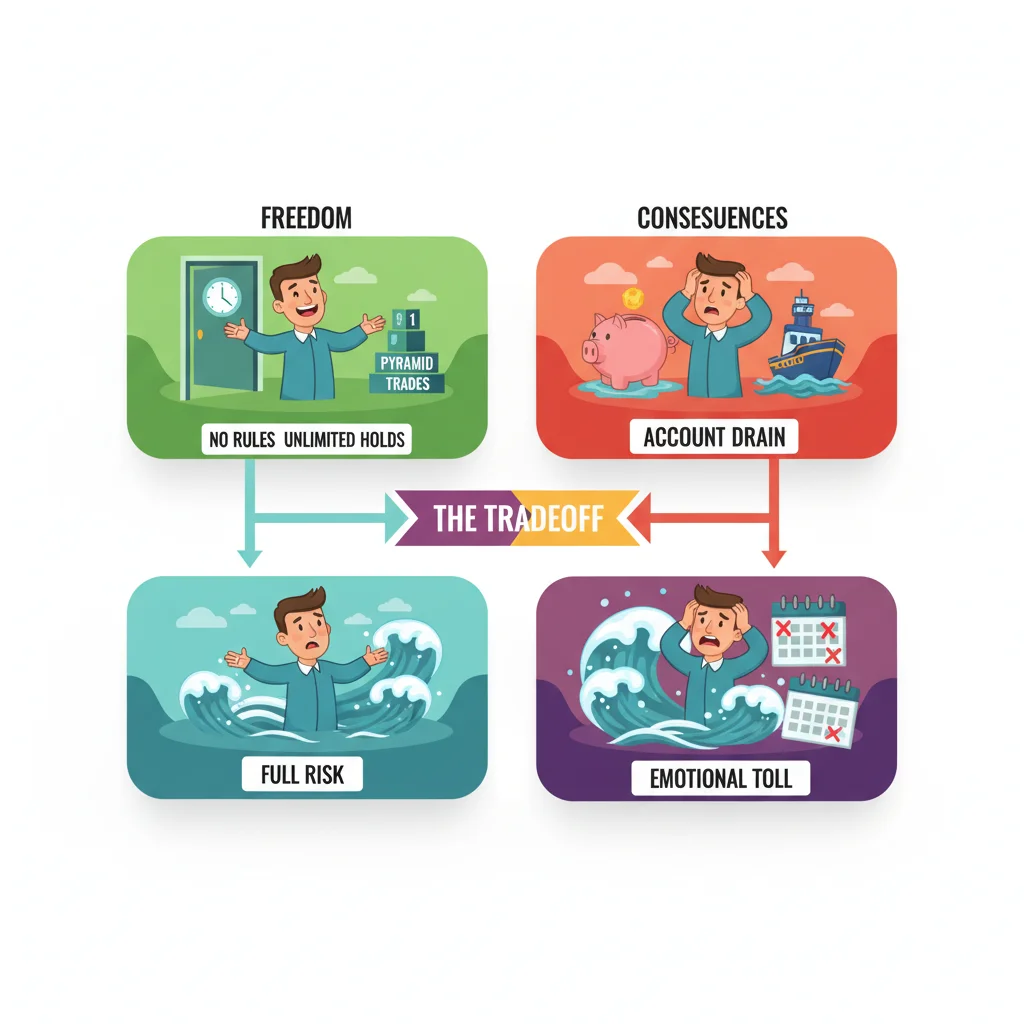 Cartoon comparison: happy trader with freedom symbols vs. stressed trader with consequence symbols