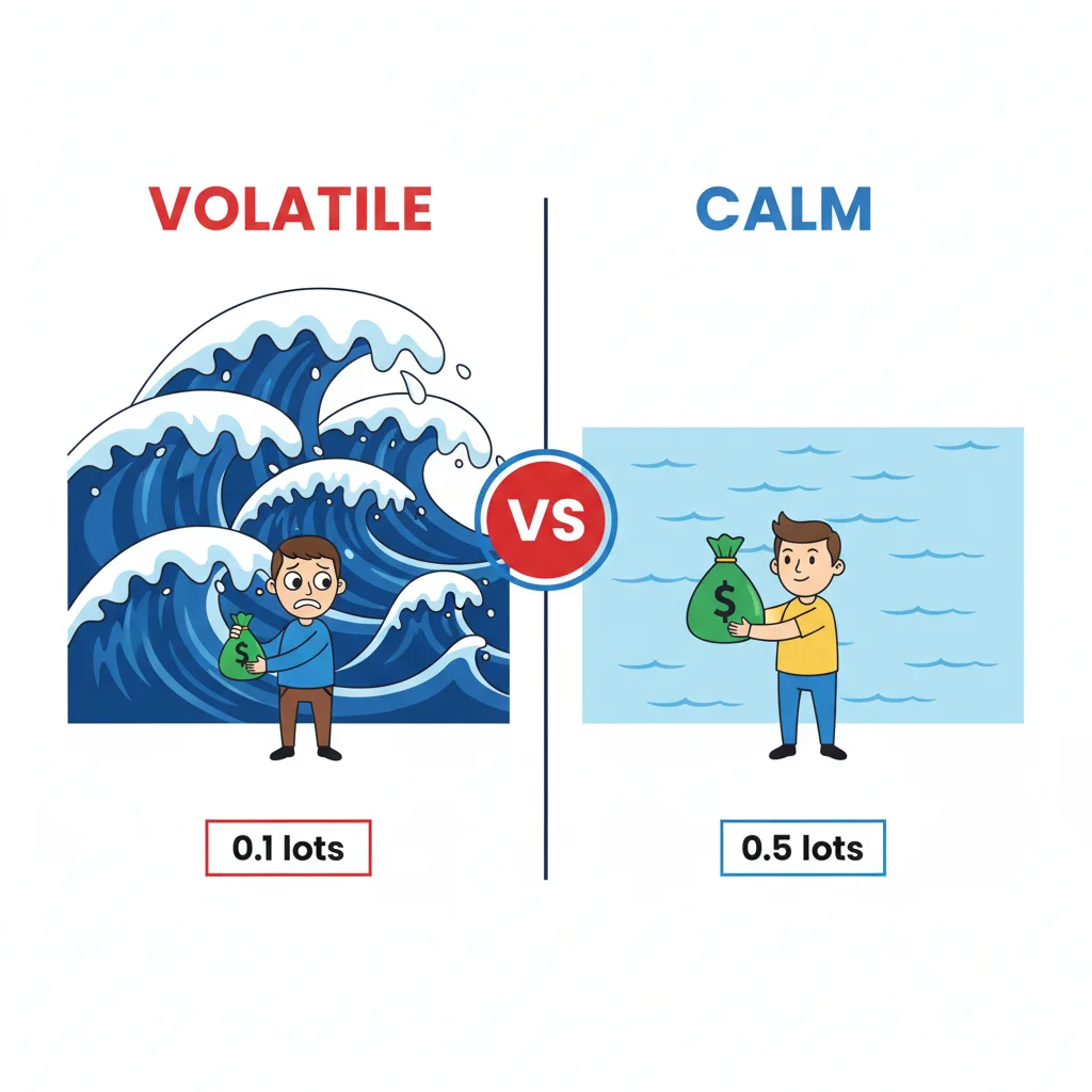 Saiz posisi berasaskan ATR — posisi lebih kecil di pasaran tidak menentu, lebih besar di pasaran tenang