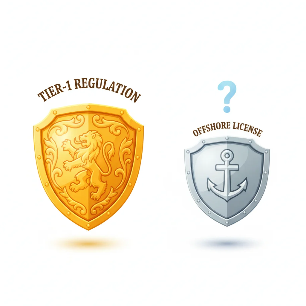 An image comparing a golden shield representing "Tier-1 Regulation" with a silver shield representing "Offshore License" and a question mark.
