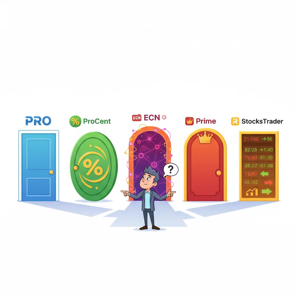 A man stands at a crossroads, choosing between five different trading account types.