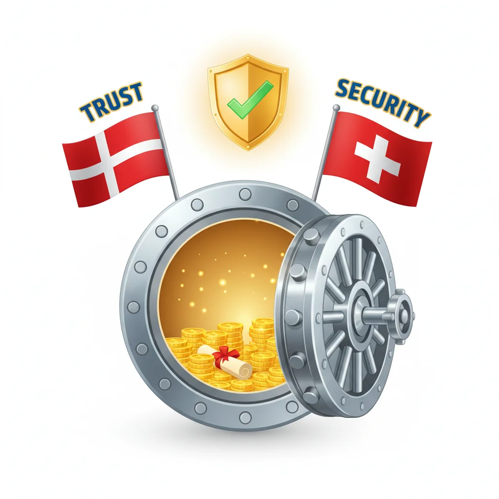 An open vault filled with gold coins and a scroll, flanked by flags of Denmark and Switzerland, with a security shield above.