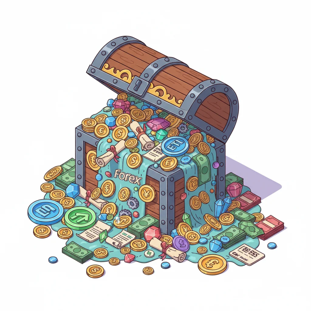 An open treasure chest overflowing with money, coins, gems, and scrolls, with "Forex" written on it.