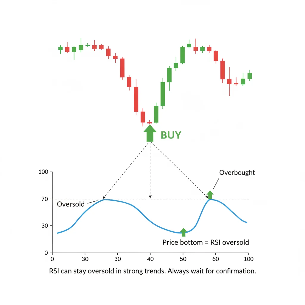 Стратегия разворота по RSI — покупайте, когда RSI выходит из зоны перепроданности ниже 30, с подтверждением ценовым действием