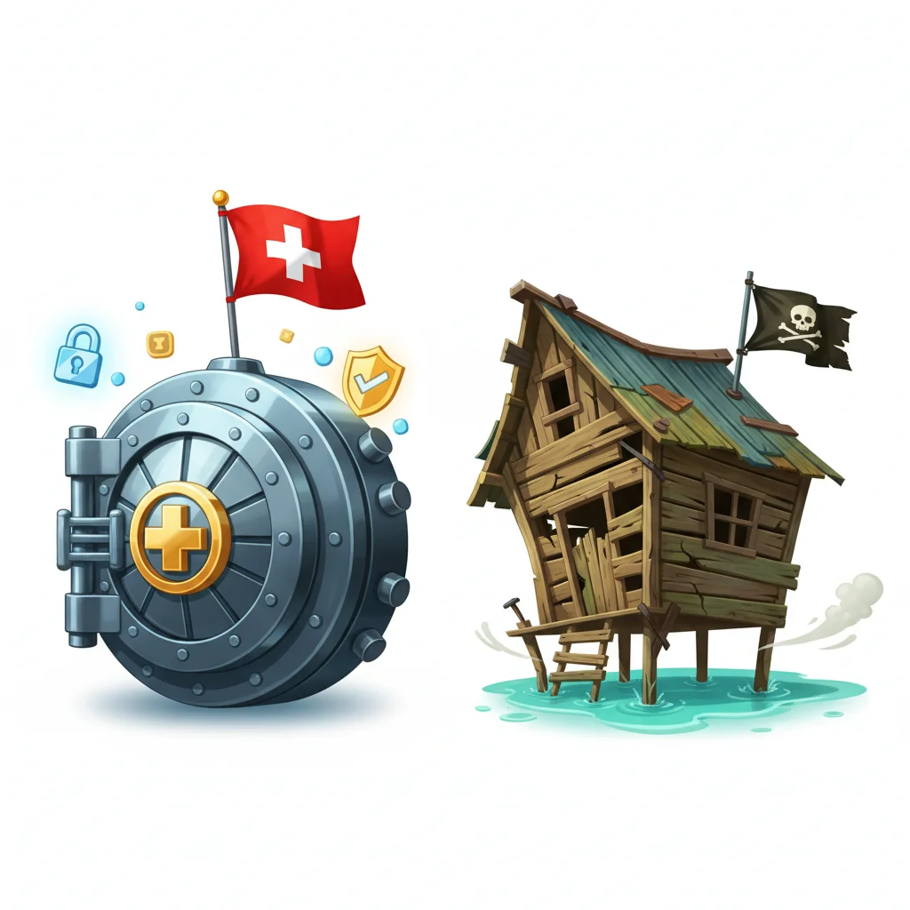A secure Swiss bank vault next to a rickety pirate shack on stilts in water.