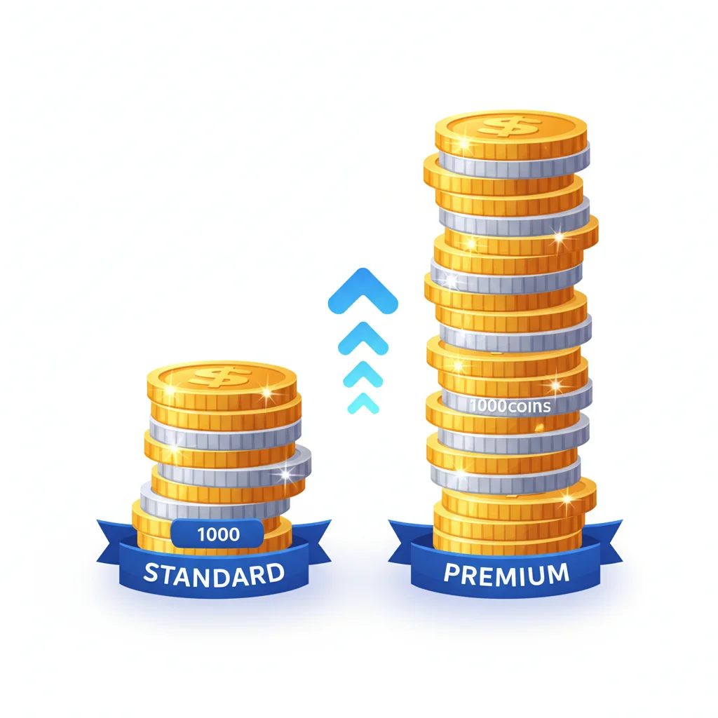 An illustration comparing a standard stack of coins to a taller premium stack, indicating more value.