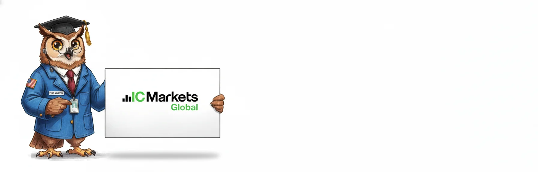 An owl wearing a graduation cap and suit holds a sign with the "IC Markets Global" logo.
