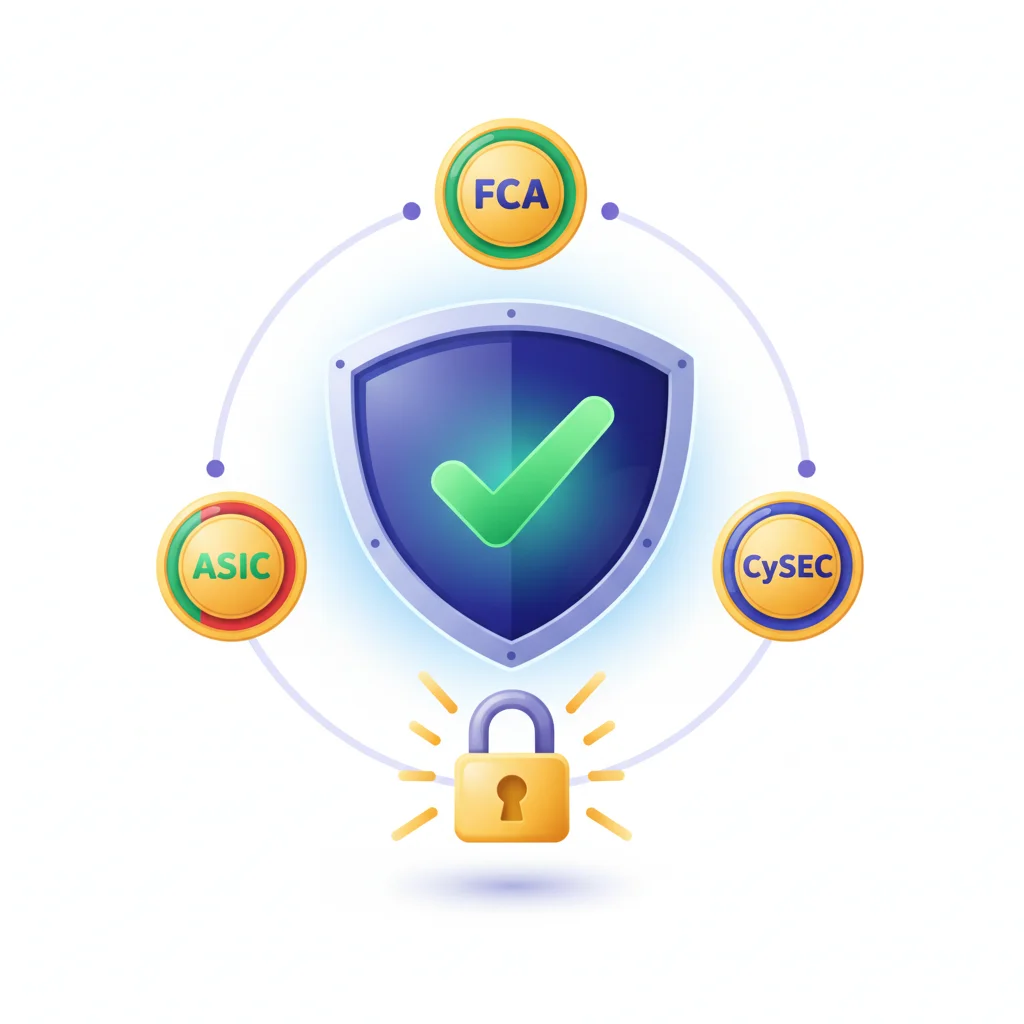 A shield with a checkmark at its center, surrounded by three circular icons labeled FCA, ASIC, and CySEC, all connected by a circular dotted line, with a glowing padlock below.