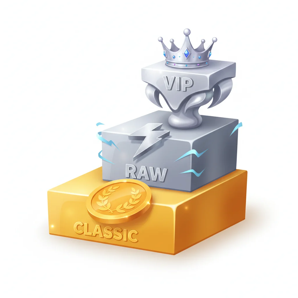 A tiered pedestal with "CLASSIC," "RAW," and "VIP" levels, topped with a crown.