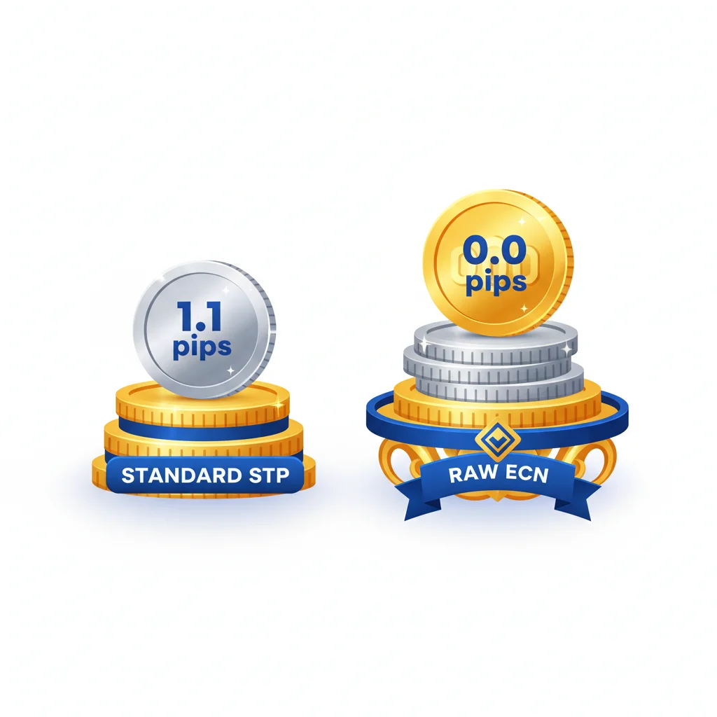Two stacks of coins, one labeled "STANDARD STP" with 1.1 pips, and the other "RAW ECN" with 0.0 pips.