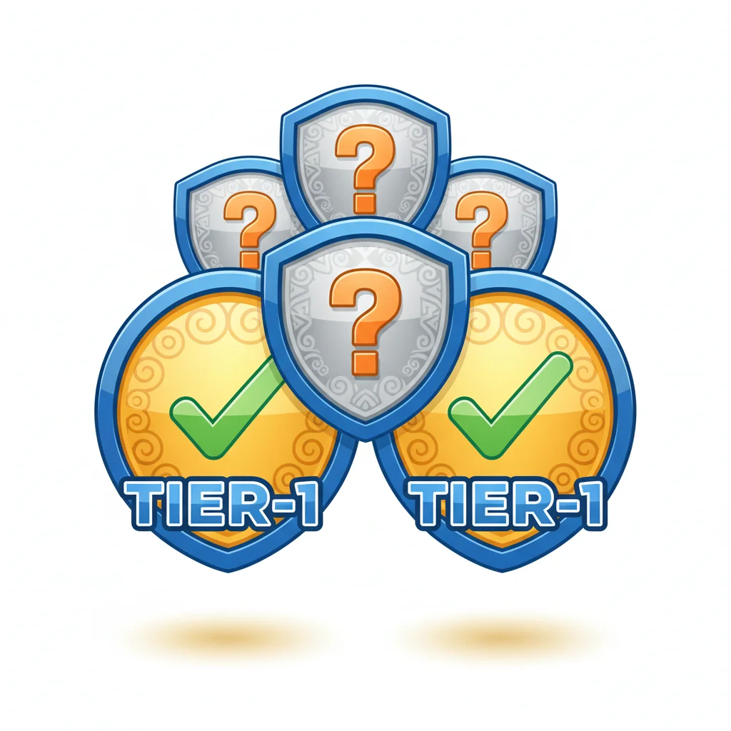 A cluster of five shield-like icons, two with green checkmarks and "TIER-1" text, and three with orange question marks.