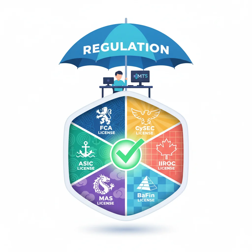 An umbrella labeled "REGULATION" covers a person at a desk, overseeing a hexagon of financial licenses.