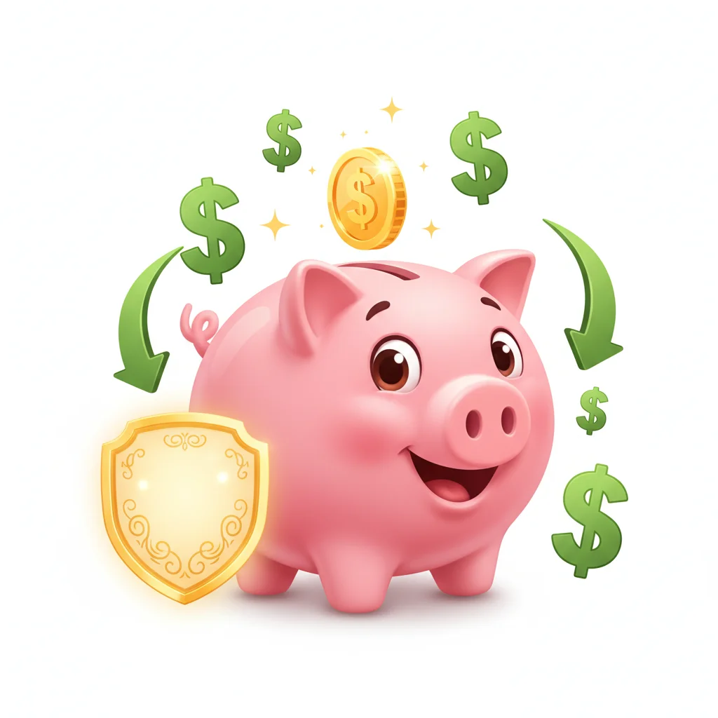 A cheerful pink piggy bank with a golden shield, surrounded by dollar signs and arrows.