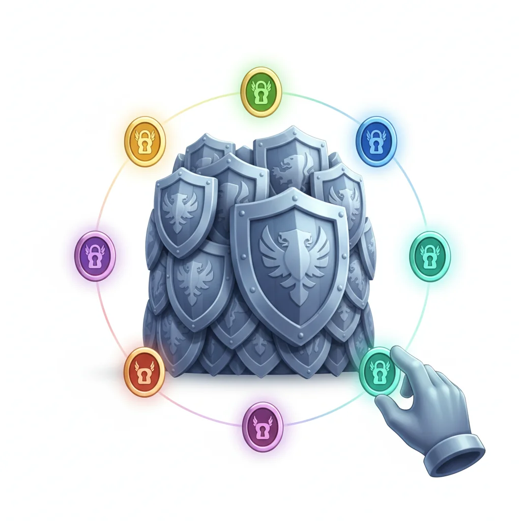 A hand interacts with a circular array of colorful shield-like icons around a pile of shields.