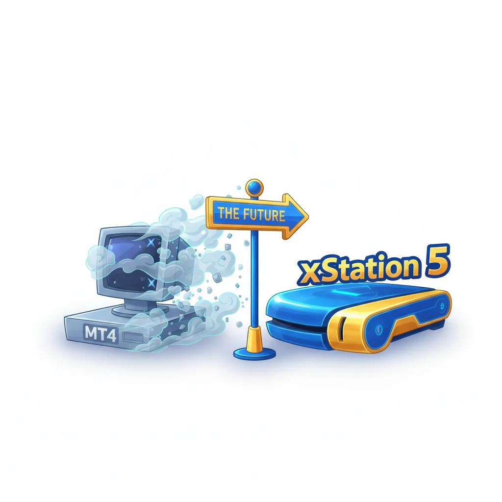 An old MT4 computer transforms into a modern xStation 5 device, guided by a "THE FUTURE" sign.