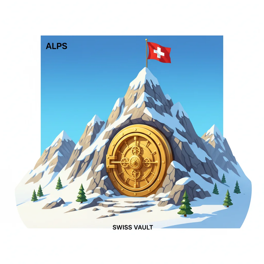 Swiss Alps with vault in mountainside — Swissquote banking trust