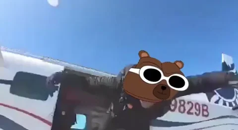 Cartoon bear with white sunglasses skydiving from an airplane, real skydiving footage with cartoon bear overlay, adrenaline/free-fall vibes