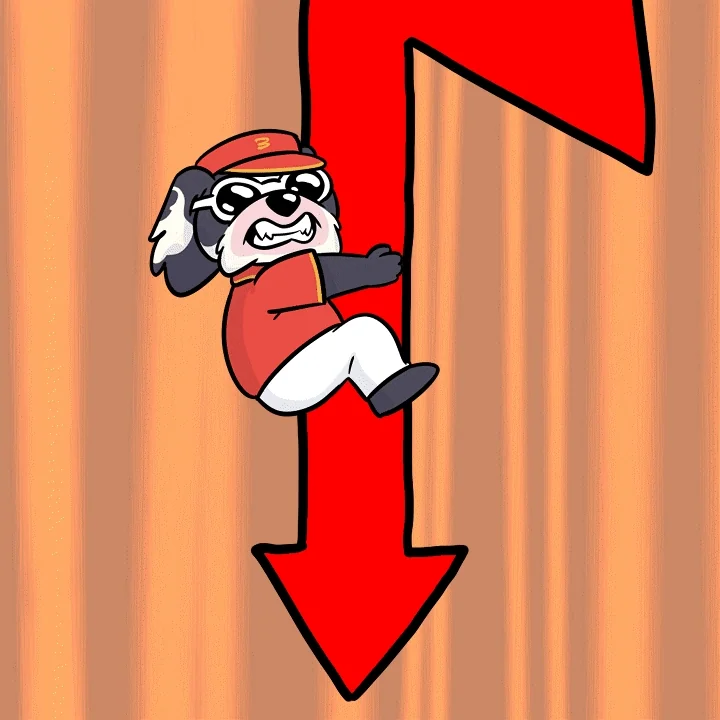 Cartoon panda with red cap and goggles clinging to a large red downward arrow, grimacing expression, red/orange striped background