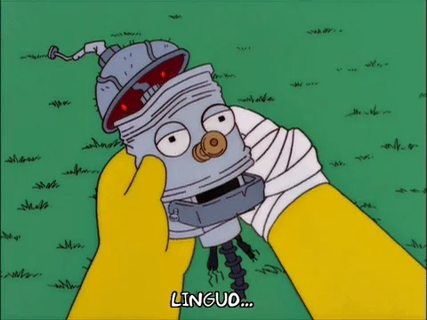 Simpsons robot Linguo broken and damaged, Homer holding the destroyed robot, wires exposed, 'Linguo...' subtitle