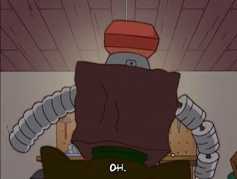 Futurama robot looking confused/overwhelmed, 'OH.' subtitle, mechanical arms, industrial setting