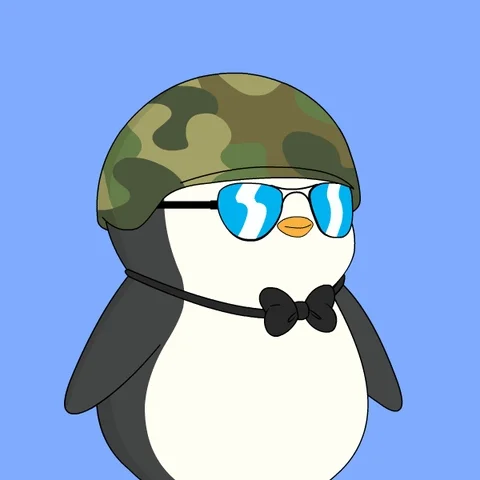 Pingouin Pudgy avec casque militaire et lunettes — salut, prêt