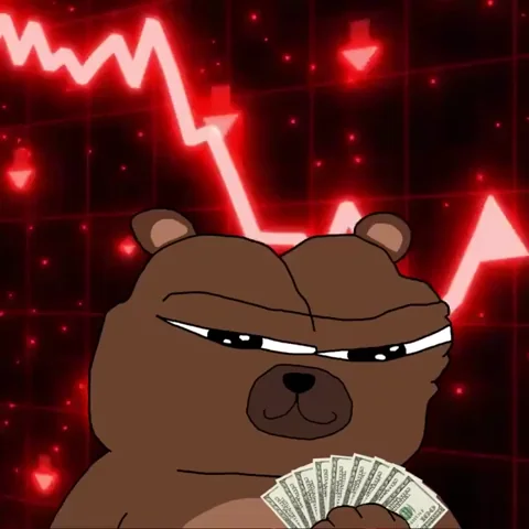 Cartoon bear with evil grin holding a fan of dollar bills, red descending chart/zigzag line glowing behind him, dark red background with sparkles