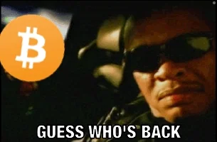 Terminator scene with Bitcoin logo overlay, text 'GUESS WHO'S BACK' at the bottom, dramatic comeback vibes