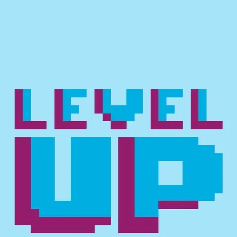 Texte pixel LEVEL UP — progression, montée de niveau