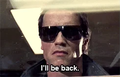 Arnold Schwarzenegger as Terminator, sunglasses, 'I'll be back.' subtitle text, iconic movie scene