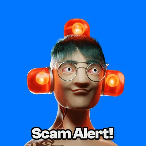 3D animated character with glasses, red alarm lights flashing around head, text 'Scam Alert!' at bottom, blue background