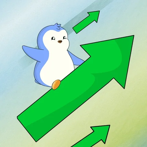 Cute kawaii blue/white penguin riding a big green upward arrow, surrounded by more green ascending arrows, soft sky gradient background