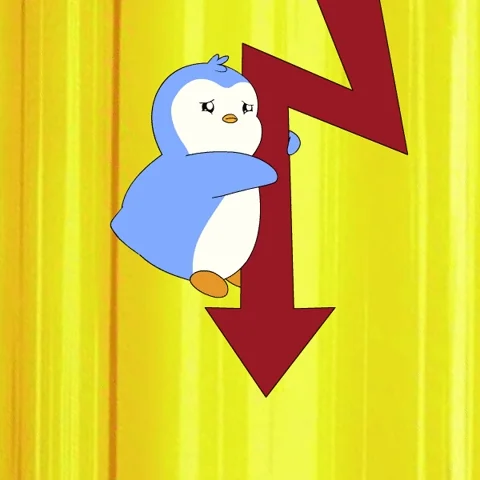 Cute kawaii blue penguin clinging to a red downward arrow, worried expression, yellow striped background