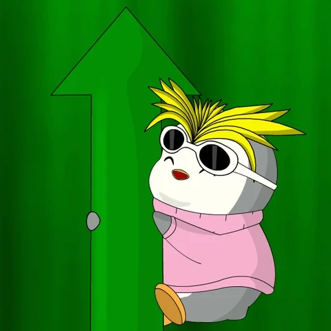 Cool kawaii gray penguin with spiky blonde hair, white sunglasses and pink hoodie, peeking from behind a green upward arrow door, green background