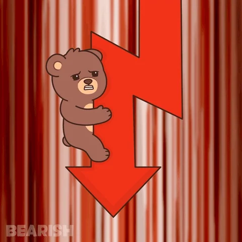 Cute kawaii bear clinging to a large red downward arrow, angry/worried expression, red striped background, text 'BEARISH' at the bottom