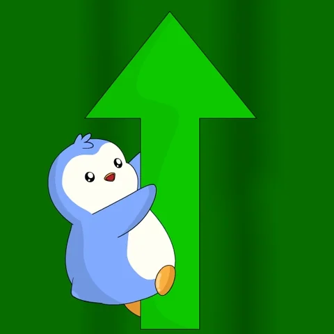 Kawaii blue penguin hugging a large green upward arrow, looking up enthusiastically, bright green background, very lightweight (32KB)