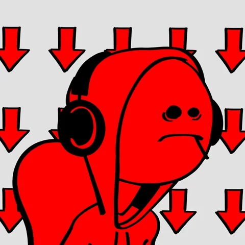 Sad red cartoon character surrounded by red