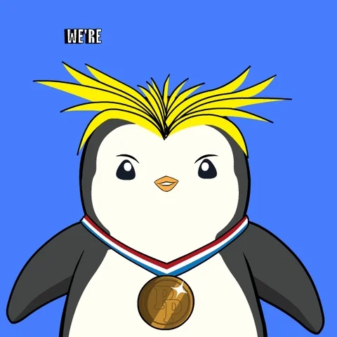 Cartoon penguin with spiky yellow hair and medal around neck, text 'WE'RE' (so back), blue background, victory pose