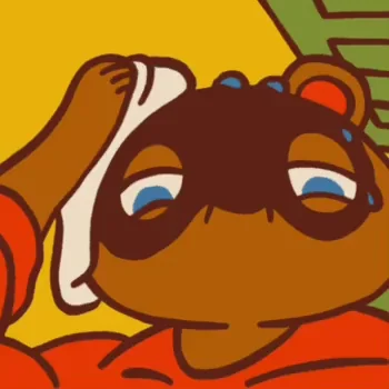 Tom Nook from Animal Crossing wiping his forehead