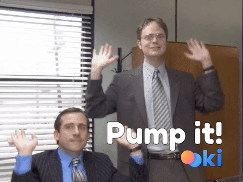 Michael Scott and Dwight Schrute from The Office dancing and raising their arms in celebration in an office setting, text 'Pump it!' at the bottom