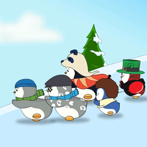 Pingouins et panda cartoon courent dans la neige — course, fun, compétition